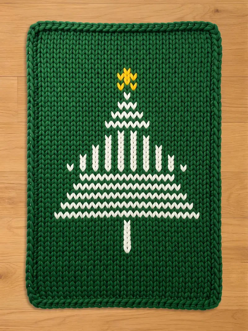 Green chunky knit blanket featuring a white abstract knit Christmas tree pattern with a yellow star on top, displayed flat on a light wood floor.