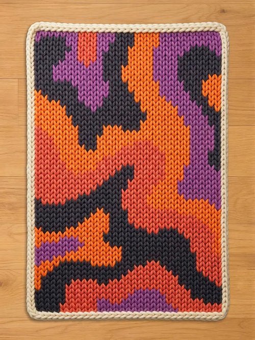 A chunky knit blanket featuring an abstract camo pattern in vibrant orange, dark grey, purple, and coral red, finished with a thick cream braided border, lying flat on a wooden floor