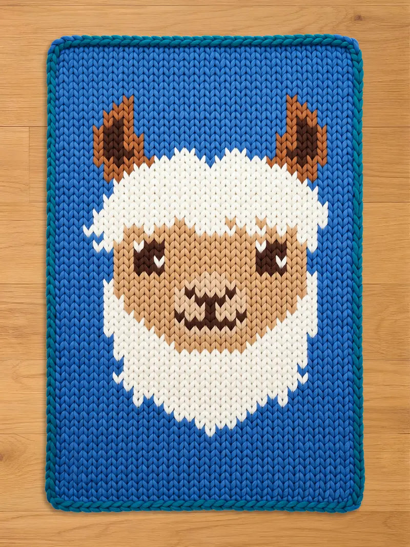 A blue knitted blanket featuring a llama face. The llama has a white woolly face, brown ears, and a tan muzzle. The blanket has a blue border and is set against a wooden floor.