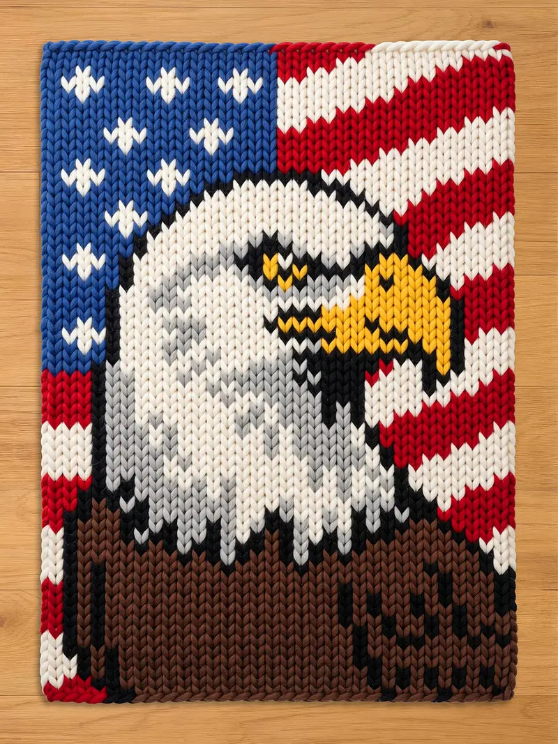 A chunky knit blanket featuring a bold American flag design with a detailed bald eagle head in the center, showcased flat on a light wooden background.