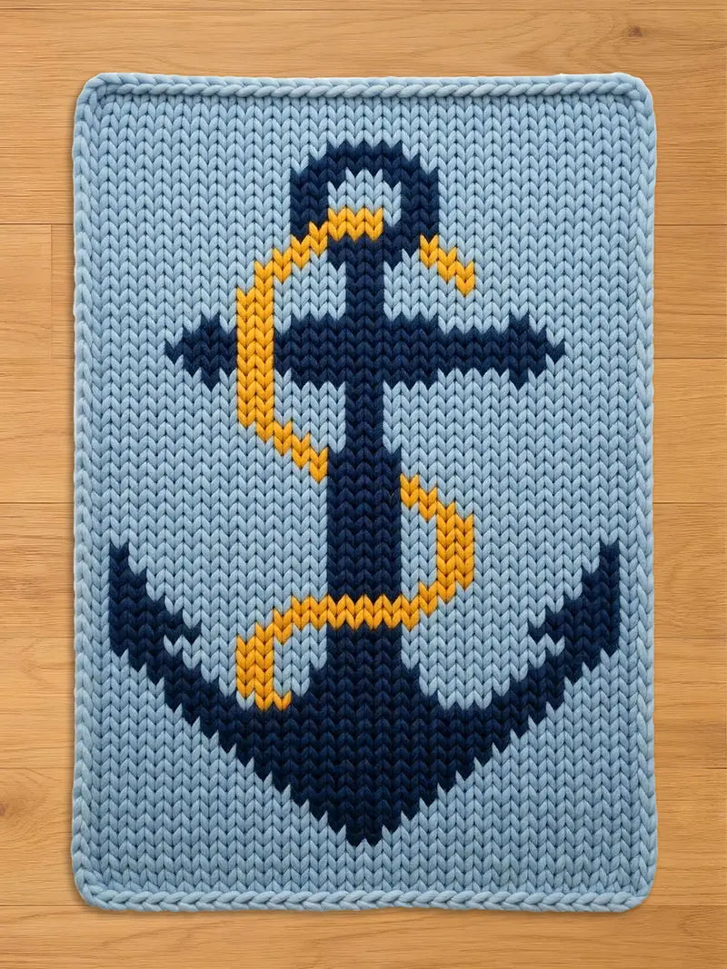 Light blue knitted blanket featuring a gray and navy anchor pattern wrapped with a yellow chain, displayed flat on a wooden surface