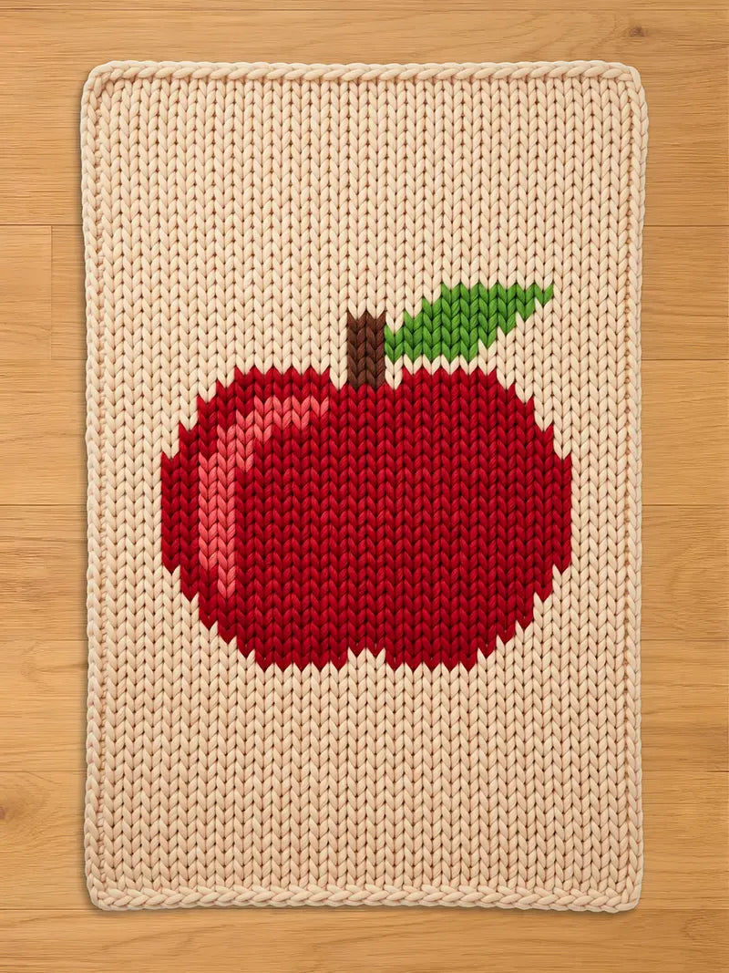 Chunky knit cream blanket featuring a large red apple pattern with a green leaf and brown stem, laid flat on a wooden floor.