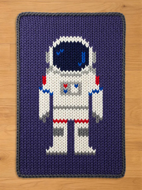 A chunky knitted blanket featuring a pixelated white astronaut design with red and blue accents on a dark purple background, laid flat on a wooden floor.