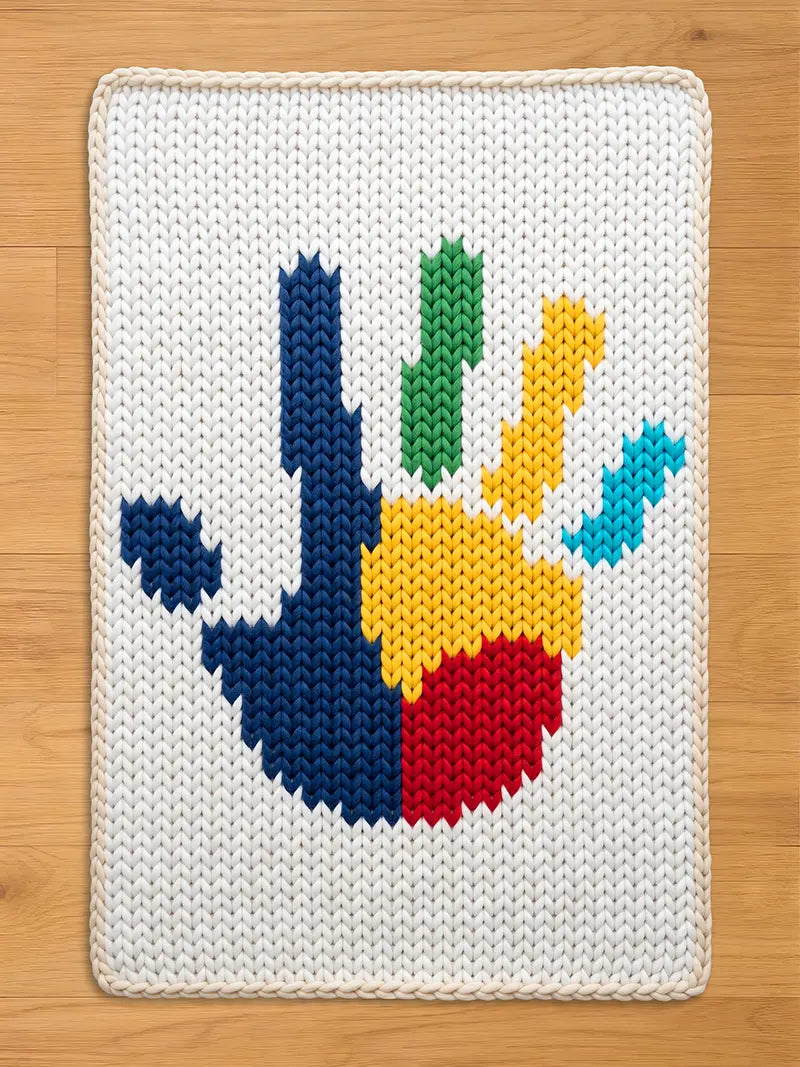 A white, knitted blanket featuring a colorful hand design. The hand is composed of blue, green, yellow, red, and turquoise sections. The blanket has a cream-colored border and is set against a wooden floor.