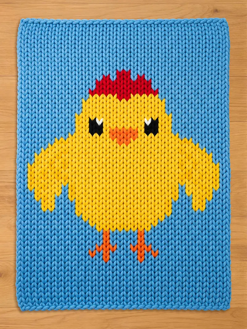 A knitted square blanket featuring a yellow chick design on a blue background. The chick has a red crest, black eyes, and orange beak and feet. The blanket is made of a thick, textured yarn, and is likely handmade.