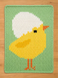 Flat lay of a chunky knit baby blanket featuring a cute yellow chick with a white eggshell on its head, knitted into a mint green background
