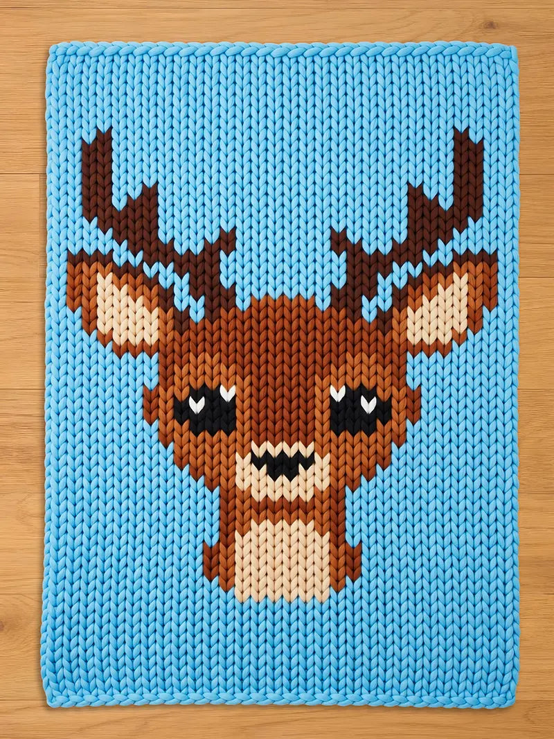 A knitted blanket featuring a pixelated deer design. The deer has brown antlers, a brown body, and a beige face. The background is a solid light blue color. The blanket is made of a soft, chunky knit material.