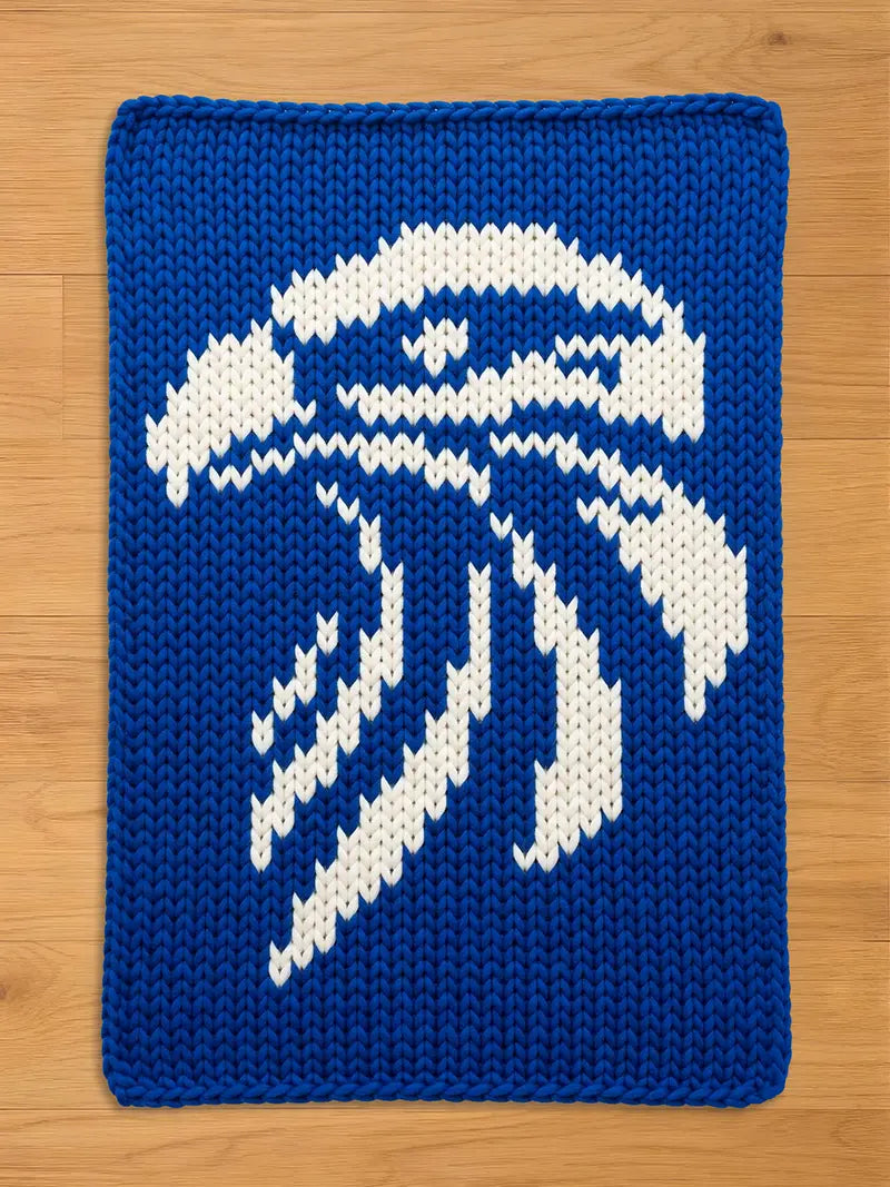 A knitted blue and white decorative square with a stylized design. The design features a white abstract eagle shape against a solid blue background. The item is made of a thick, textured yarn.