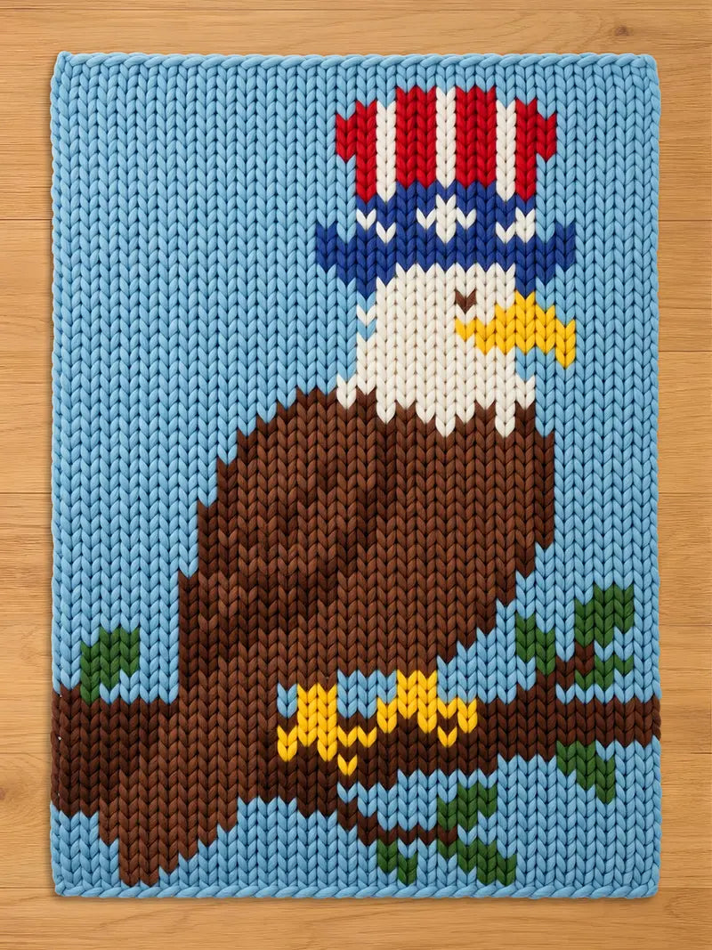 A rectangular knit blanket featuring a large bald eagle with a white head, brown body, and yellow beak, perched on a brown branch with green leaves. The eagle wears a tall top hat with red, white, and blue stripes and stars.