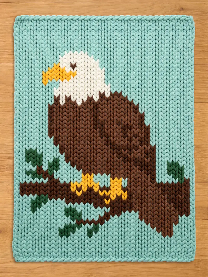 A rectangular knit blanket featuring a pixelated design of a bald eagle with a white head, yellow beak, and brown body, perched on a brown branch with green leaves against a light blue background, crafted with thick yarn stitches.