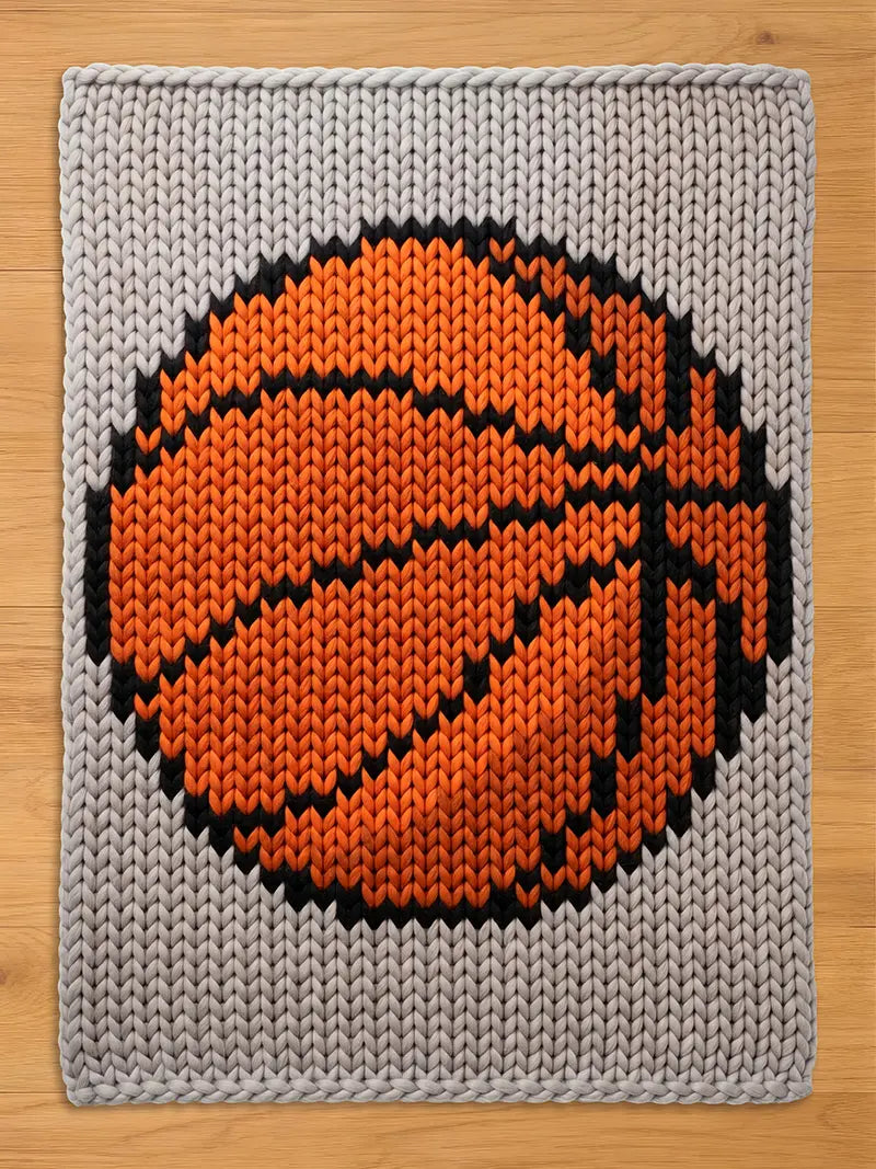 A rectangular chunky knit blanket featuring a large basketball graphic centered on a light gray background. The basketball is rendered in vibrant orange yarn with thick black yarn detailing the characteristic seams and circular outline.