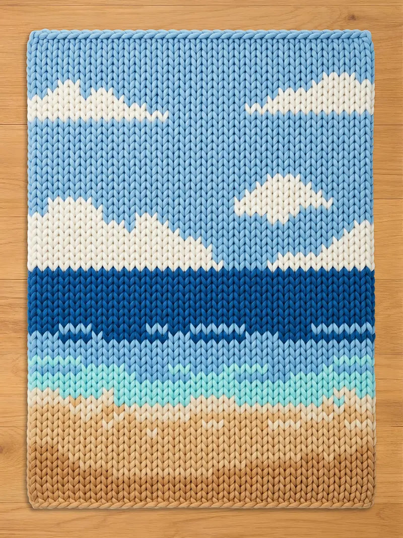 Image depicting a scenic beach with a light blue sky, white clouds, a deep blue ocean, turquoise shoreline waves, and tan sand, displayed flat on a wooden floor.