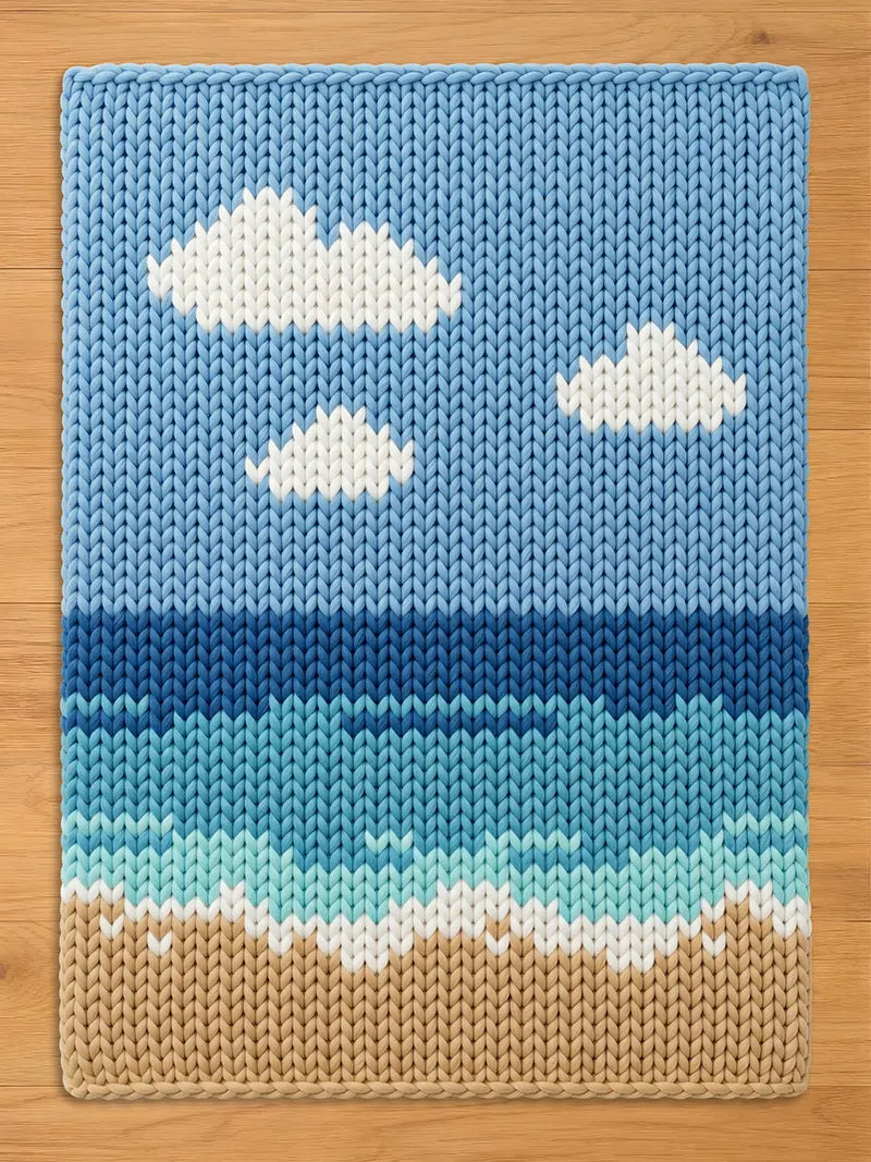 A rectangular knit blanket featuring a landscape design with a light blue sky containing white clouds, a multi-toned blue ocean with waves, and a tan sandy beach at the bottom, all constructed with a chunky, textured yarn stitch pattern.