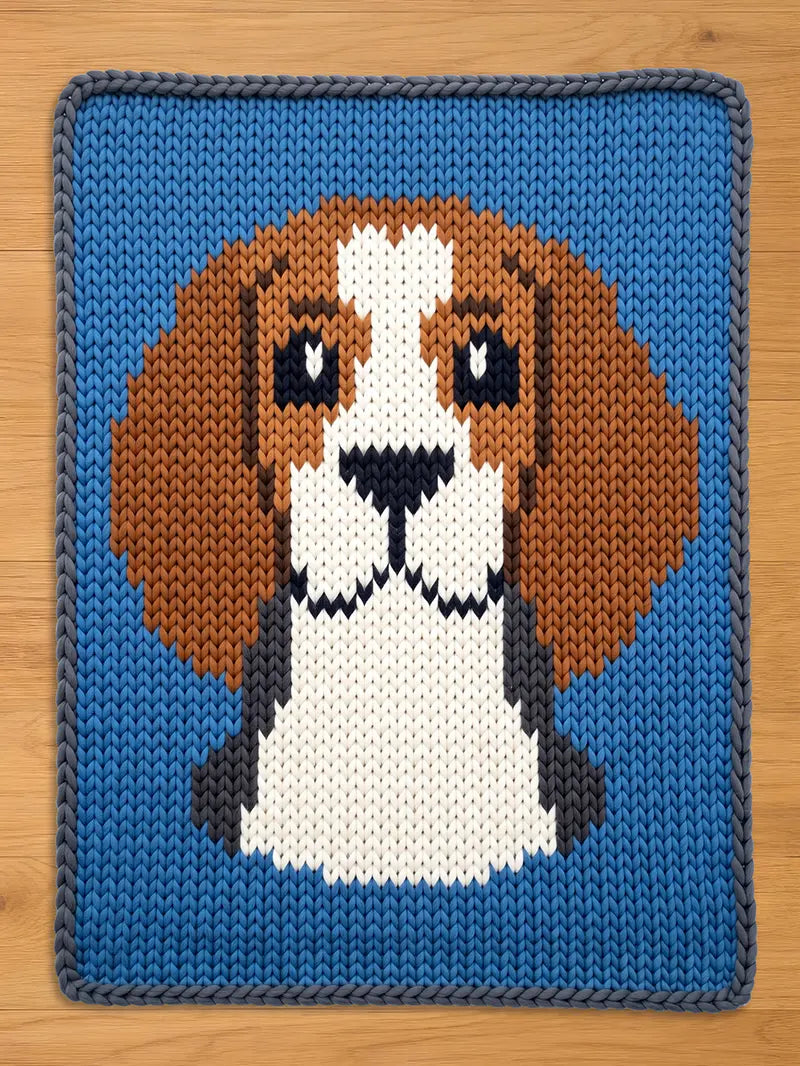 A knitted square featuring a beagle dog design. The dog's head is rendered in shades of brown, white, black, and gray, set against a vibrant blue background. The piece is crafted with a visible knit texture.