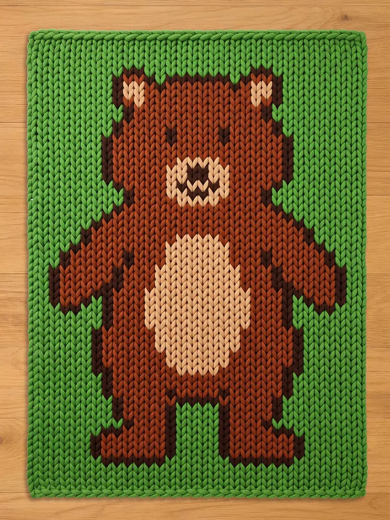 A knitted blanket featuring a pixelated brown bear with a cream-colored belly and a green background. The bear has a smiling face and is centered on the rectangular rug. The blanket is made of a thick, textured yarn.