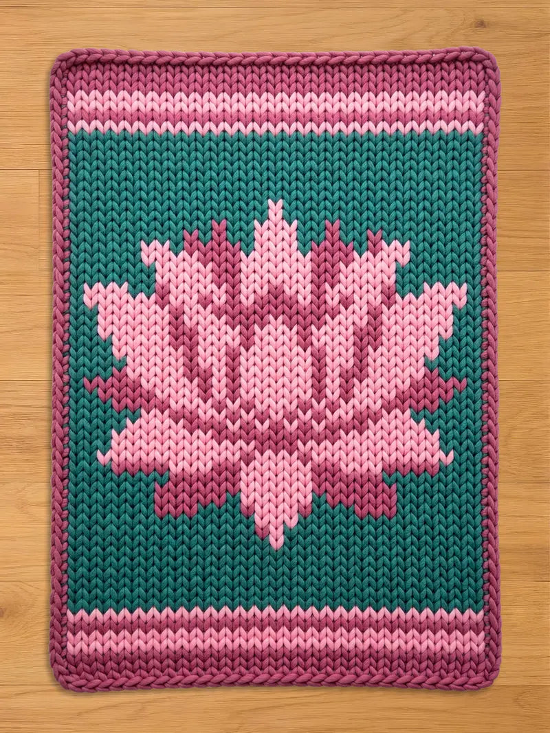 A knitted chunky blanket with a lotus flower design. The blanket features a teal background with a pink and purple lotus flower in the center. The border and horizontal stripes are pink and purple.