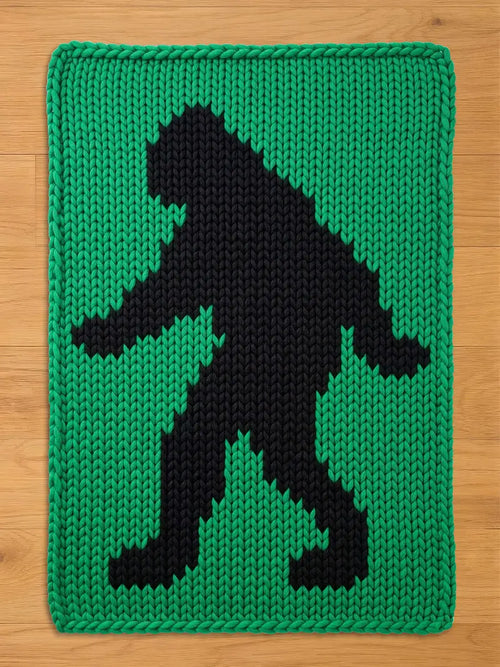 A knitted green and black blanket featuring a silhouette of a Bigfoot. The Bigfoot figure is black and stands out against the green background. The blanket is rectangular with a thick, knitted border.