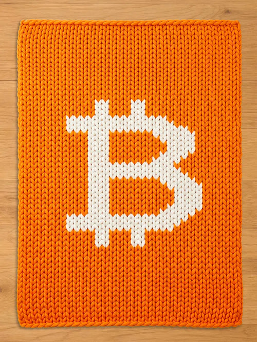 An orange knitted blanket featuring a large white Bitcoin symbol. The blanket has a textured appearance due to the knitted design. The Bitcoin symbol is centered on the blanket.