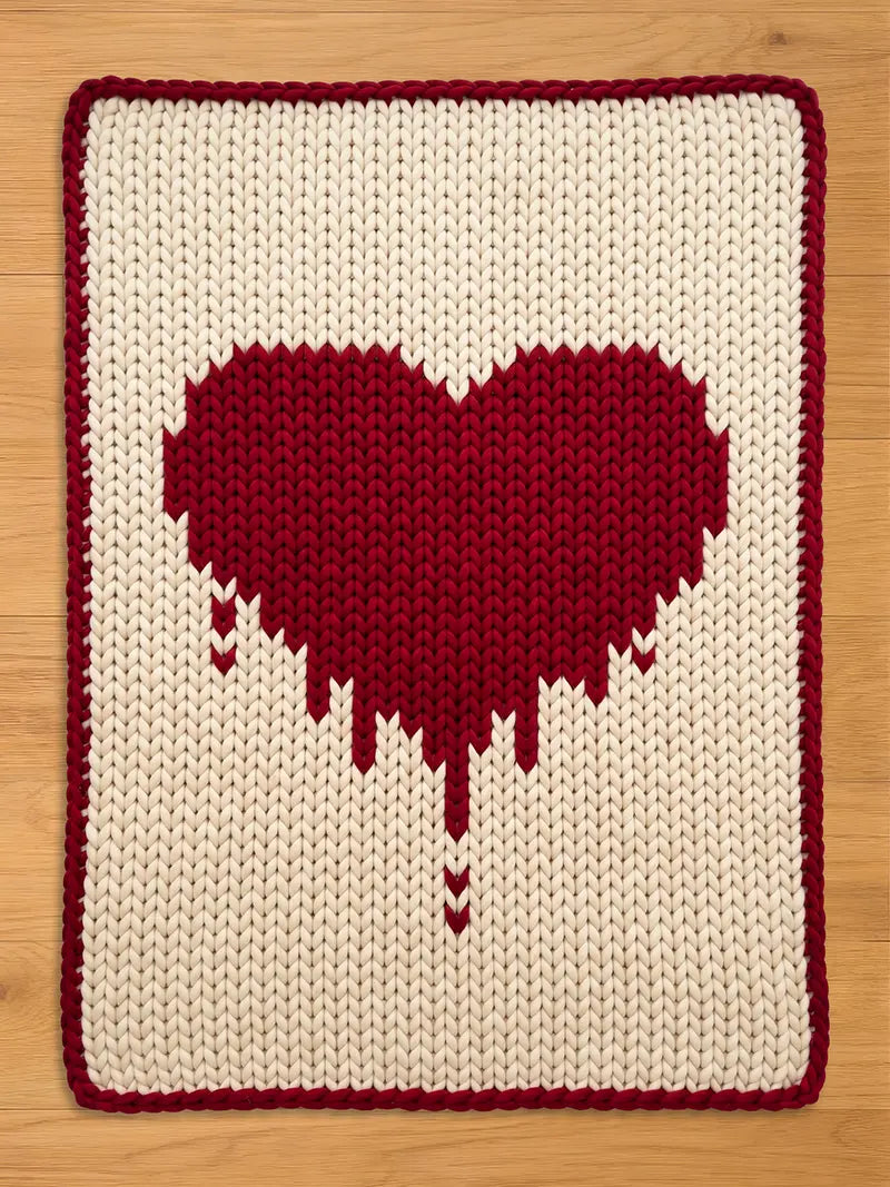 A knitted rectangular chunk knit blanket with a cream-colored background and a large, pixelated red heart design. The heart has a dripping effect at the bottom. The blanket is trimmed with a red border.