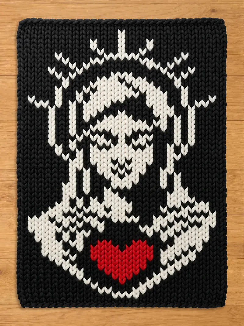 A chunky knit blanket featuring a black and white knit pattern of the Blessed Mother with a vibrant red heart in the center, displayed flat on a wooden surface.