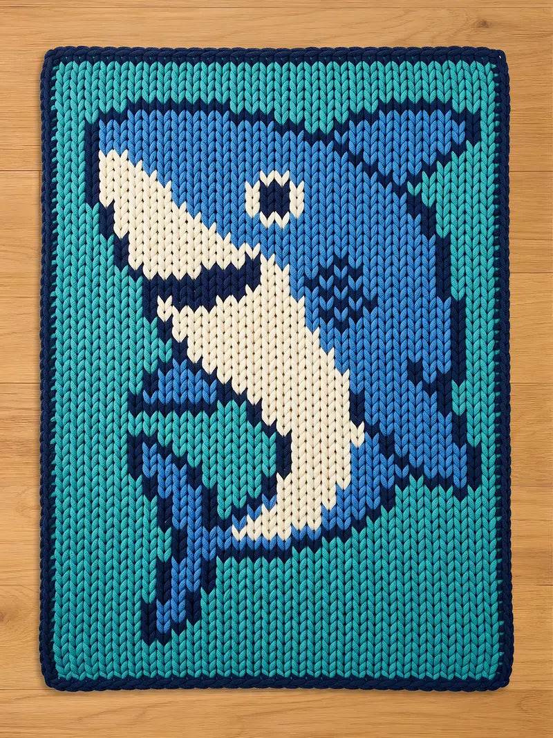 A chunky knit blanket featuring a woven design of a friendly blue and white shark. The blanket uses thick, oversized yarn in shades of teal, royal blue, and cream, knit in a distinct stockinette stitch pattern. It is laid flat on a light wooden floor background.