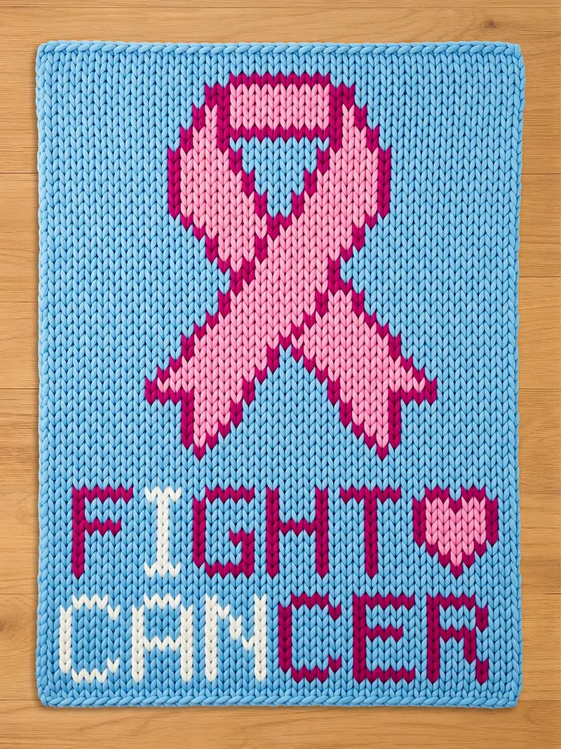 A knitted chunky blanket in light blue features a pink ribbon and the words "FIGHT CANCER" in white and pink. The heart symbol is pink. The design is a statement of support and awareness.