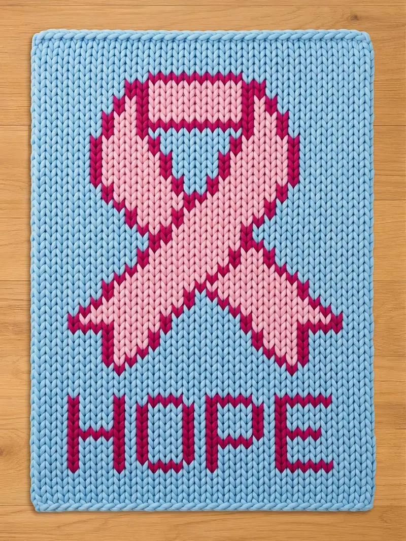 A rectangular light blue knitted blanket featuring a central pink awareness ribbon design with a darker pink outline. The word HOPE is knitted in dark pink capital letters at the bottom of the blanket, centered below the ribbon.