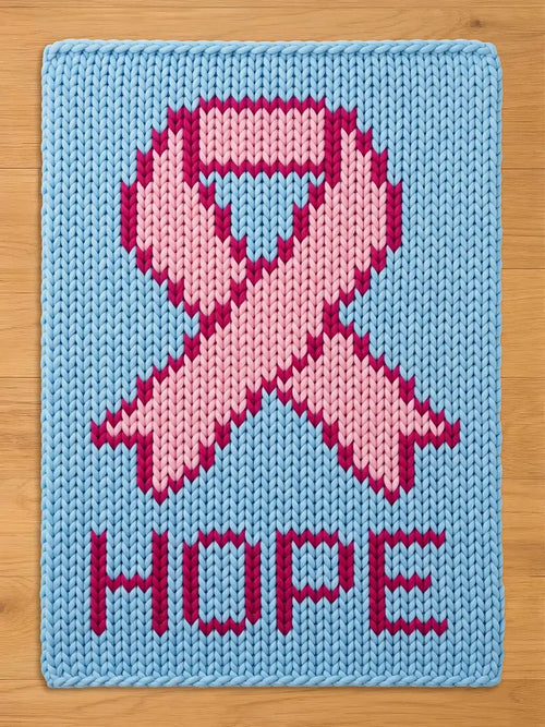 A rectangular light blue knitted blanket featuring a central pink awareness ribbon design with a darker pink outline. The word HOPE is knitted in dark pink capital letters at the bottom of the blanket, centered below the ribbon.