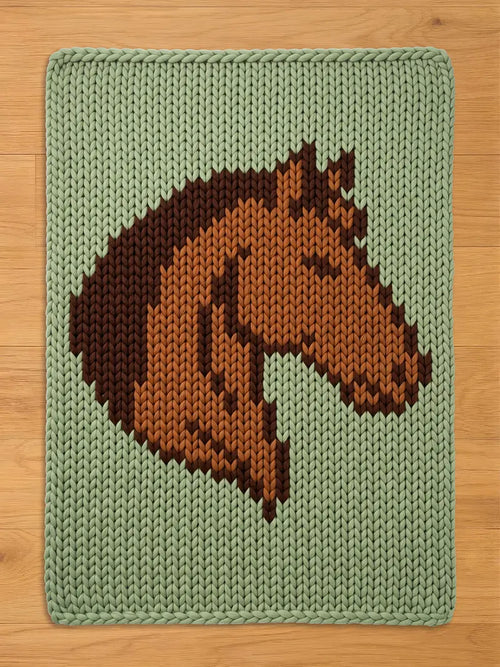 A knitted rectangular chunky blanket featuring a horse head design. The horse head is rendered in shades of brown against a light green background. The blanket is made of a thick, textured yarn.