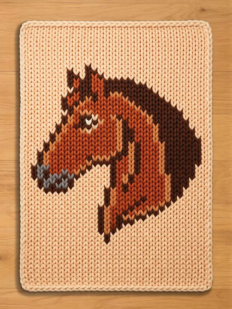 A chunky knit blanket in a light beige color featuring a large, pixel-art style portrait of a brown horse's head knitted into the center. The horse has a dark brown mane and a grey muzzle, displayed flat on a light wood background.
