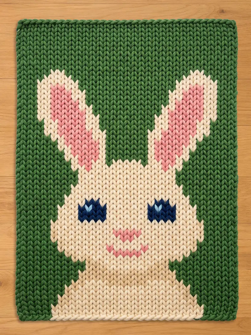 A knitted green chunky blanket featuring a bunny face. The bunny has cream-colored fur, pink inner ears, blue eyes, and a pink nose and mouth. The blanket is made of a textured knit.