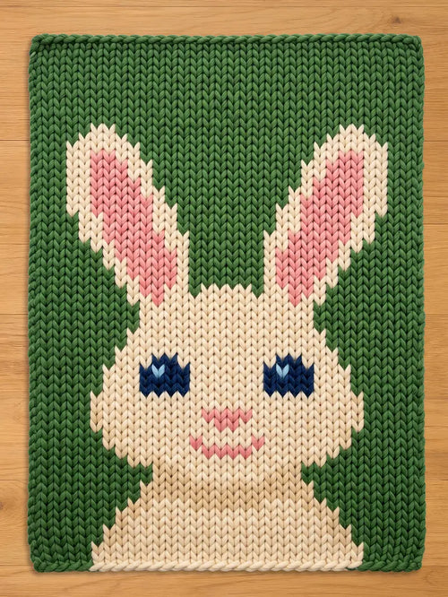 A knitted green chunky blanket featuring a bunny face. The bunny has cream-colored fur, pink inner ears, blue eyes, and a pink nose and mouth. The blanket is made of a textured knit.
