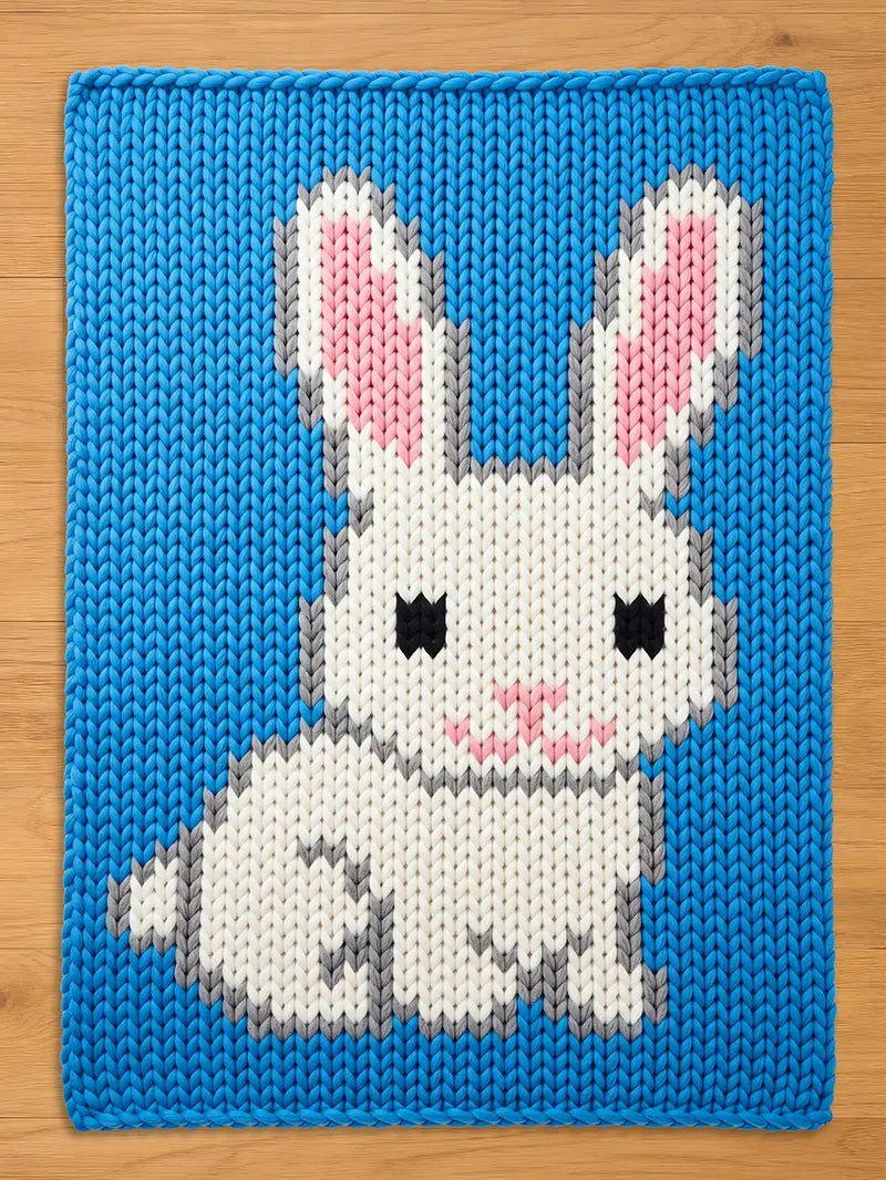 A knitted blue square chunky blanket featuring a white bunny design. The bunny has pink inner ears, gray accents, and black eyes. The blanket is made of a thick, textured yarn.