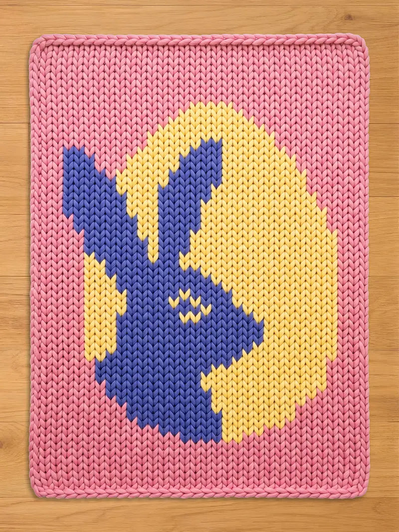Chunky knit blanket featuring a purple bunny silhouette inside a yellow Easter egg pattern on a pink background.