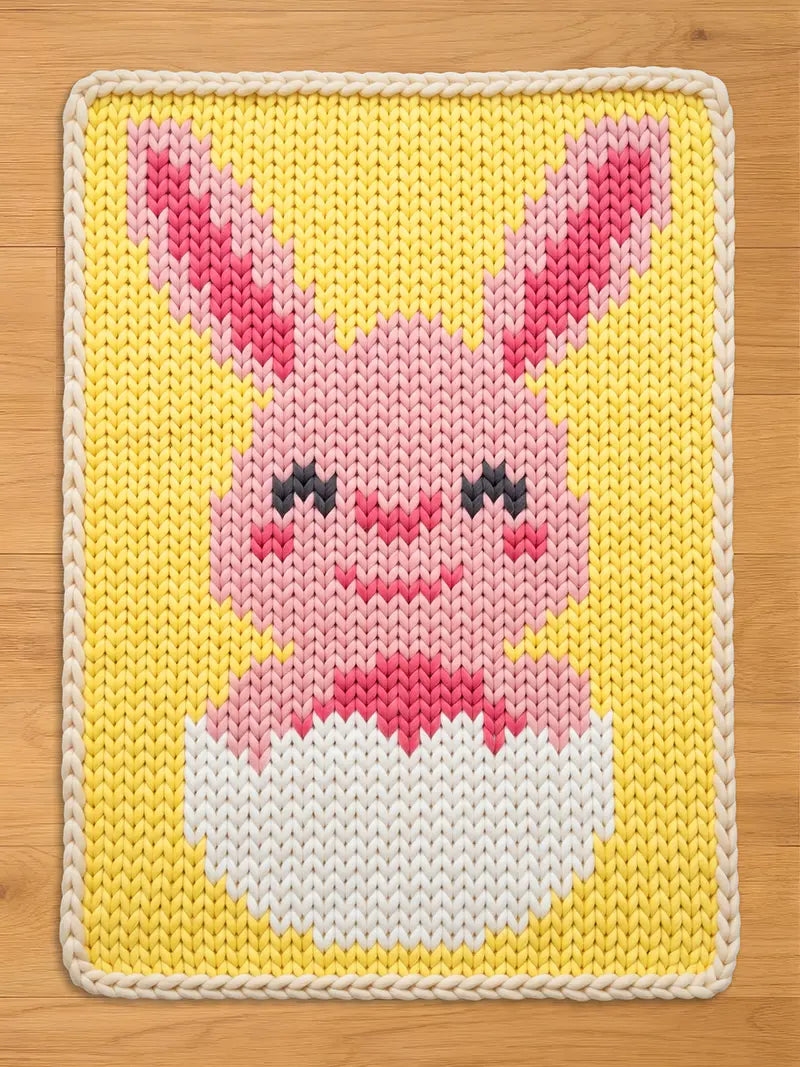 A knitted Easter-themed chunky knit blanket featuring a pink bunny emerging from a white egg against a yellow background. The bunny has pink ears and a smiling face. The border is cream-colored.