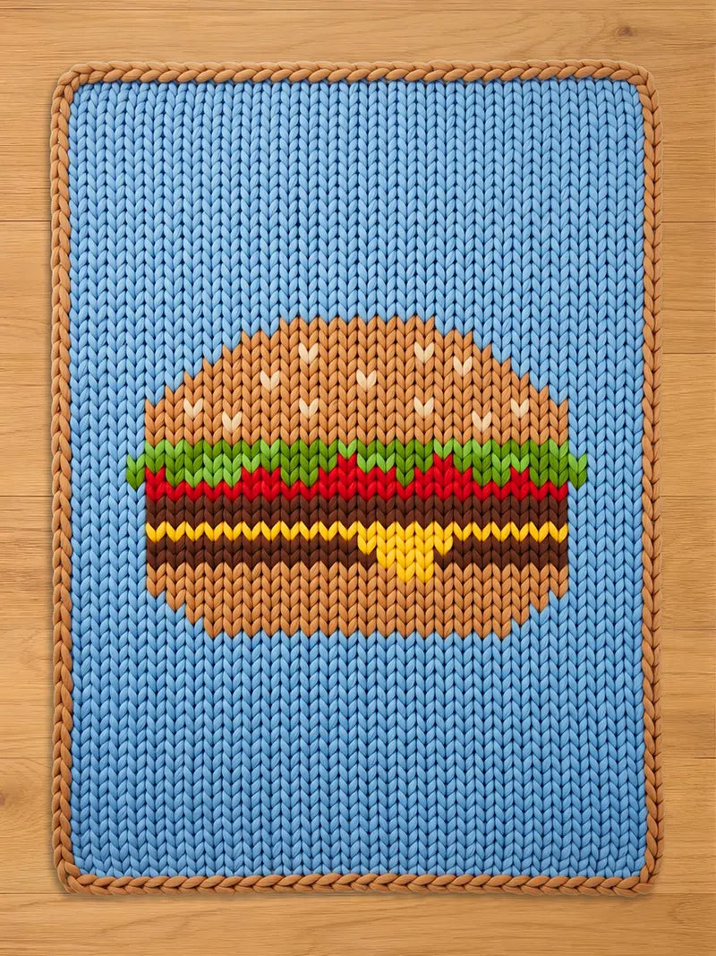 A knitted blue rectangular chunky blanket with a brown border. The blanket features a large, detailed burger design in shades of brown, red, green, and yellow. The burger is centered on the blanket, creating a fun, food-themed accent.