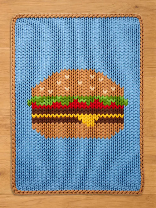 A knitted blue rectangular chunky blanket with a brown border. The blanket features a large, detailed burger design in shades of brown, red, green, and yellow. The burger is centered on the blanket, creating a fun, food-themed accent.