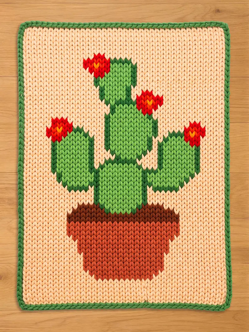 A knitted chunky blanket featuring a green cactus with red flowers in a brown pot. The cactus is centered on a cream-colored background, with a green border. The blanket is made of yarn and has a textured appearance.