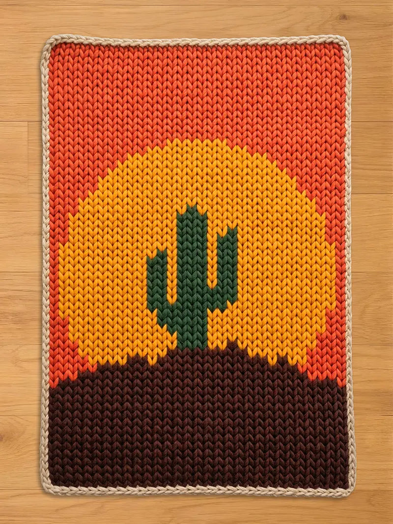 A knitted chunky blanket featuring a desert sunset scene. The design includes a green cactus on a brown hill, a yellow and orange sun, and an orange and red sky. The edges are finished with a beige border.