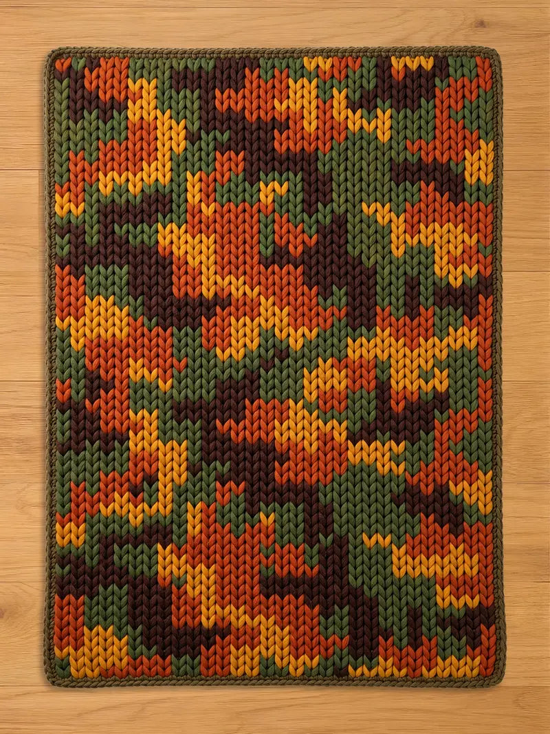 A chunky knit blanket featuring a camouflage pattern in autumn colors, including forest green, deep brown, burnt orange, and mustard yellow, laid flat on a light wood floor.
