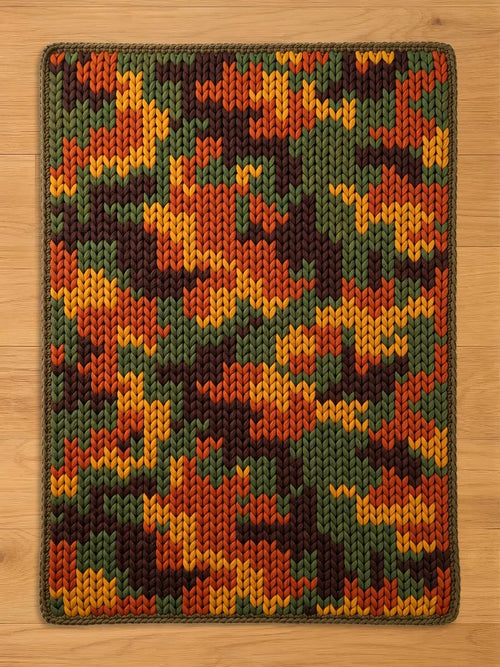 A chunky knit blanket featuring a camouflage pattern in autumn colors, including forest green, deep brown, burnt orange, and mustard yellow, laid flat on a light wood floor.