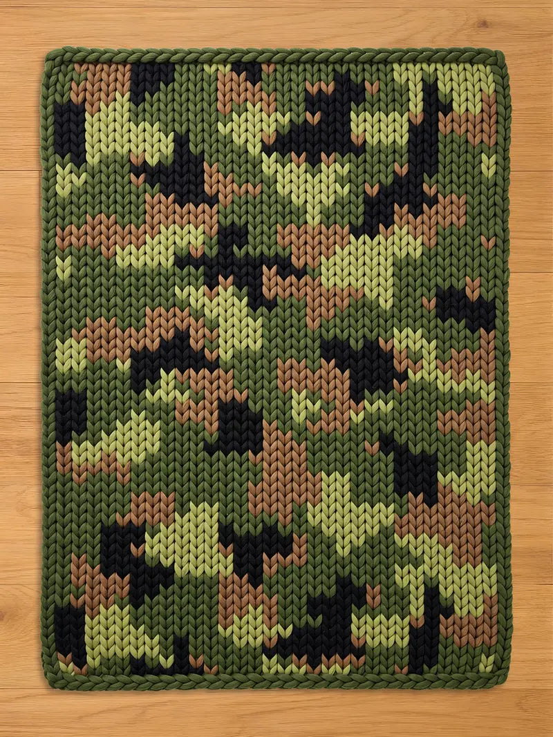 A chunky knit blanket featuring a classic camouflage pattern in shades of olive green, light green, tan, and black. The image shows the blanket flat on a light wood floor, highlighting its thick, braided border and texture.