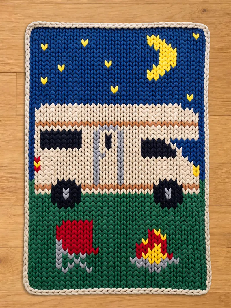 A knitted camper scene with a blue night sky, yellow stars, and a crescent moon. The camper is white with black wheels, and a red picnic table and campfire are in the foreground. The border is cream-colored.