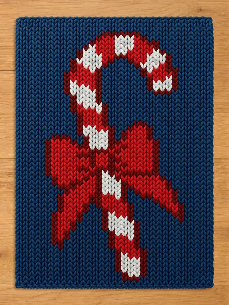 A chunky knit blanket featuring a large red and white striped candy cane with a red bow, knitted into a deep blue background.