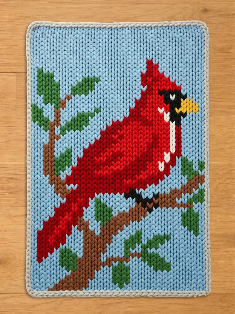 A chunky knit blanket featuring a vibrant red cardinal perched on a brown tree branch with green leaves against a light blue background. The blanket shows a thick, textured yarn stitch pattern with a braided cream-colored border, displayed flat on a wooden floor.