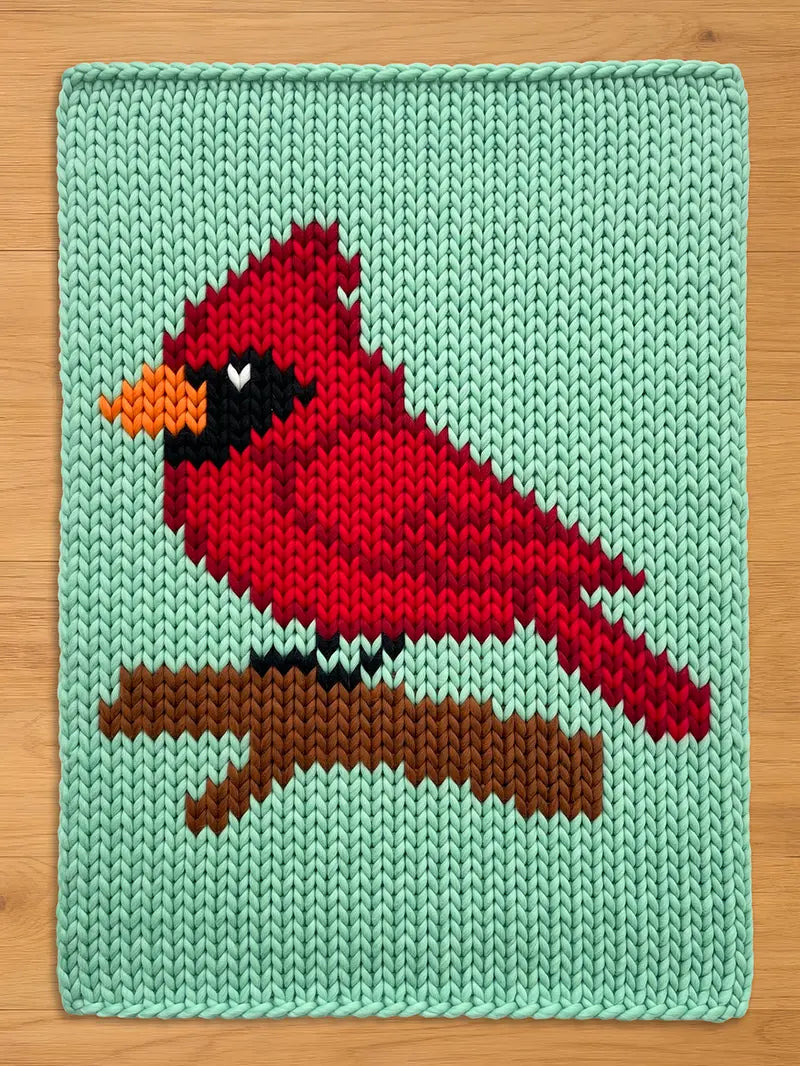 A knitted chunky knit blanket featuring a red cardinal bird perched on a brown branch against a light green background. The bird has black accents and an orange beak. The piece is made of yarn.