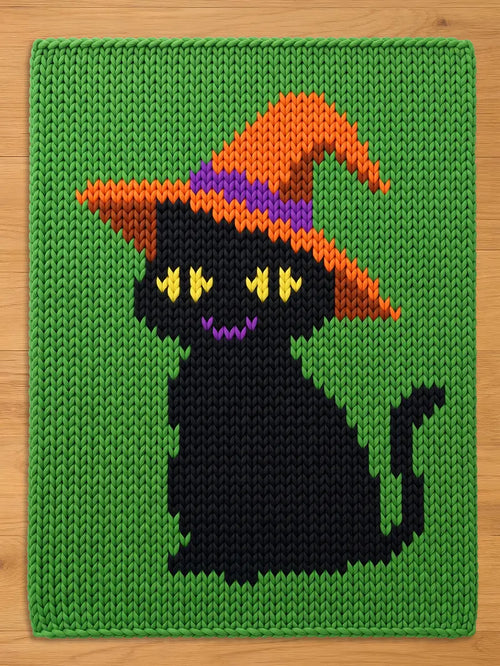 A rectangular knitted textile featuring a black cat wearing an orange and purple witch hat. The cat has yellow eyes and a purple mouth, set against a bright green background. The entire piece displays a consistent knit stitch pattern.