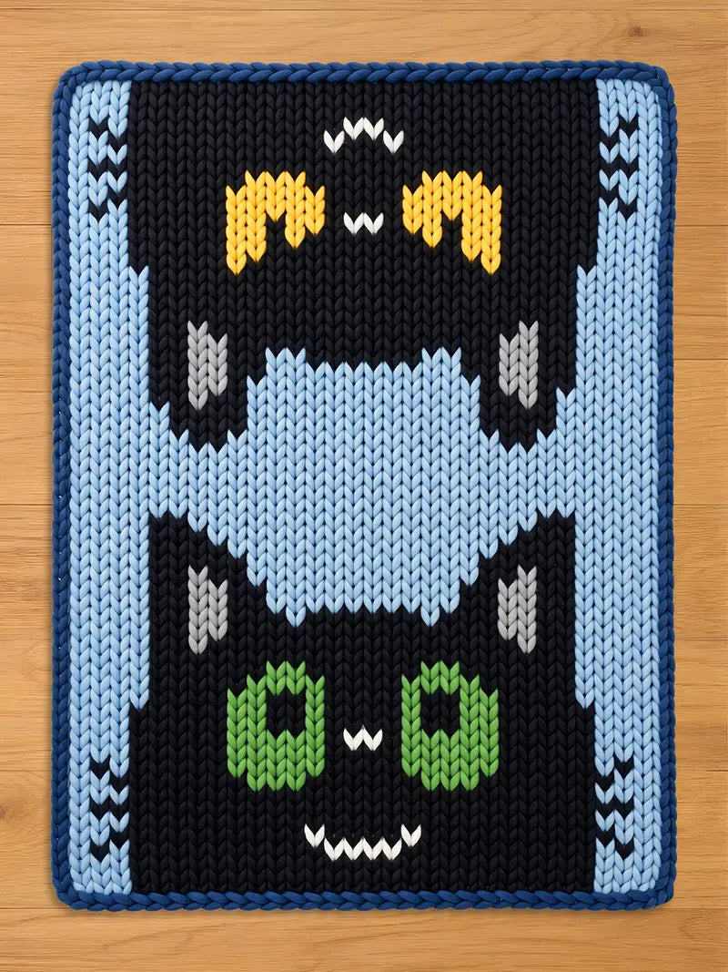 A knitted chunky blanket featuring a stacked cat design. The bottom cat has green eyes and a white mouth, while the top cat has yellow ears. The background is black with a light blue border and a dark blue trim.
