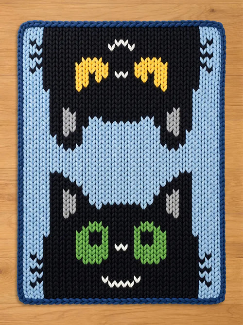 A knitted chunky blanket featuring a stacked cat design. The bottom cat has green eyes and a white mouth, while the top cat has yellow ears. The background is black with a light blue border and a dark blue trim.
