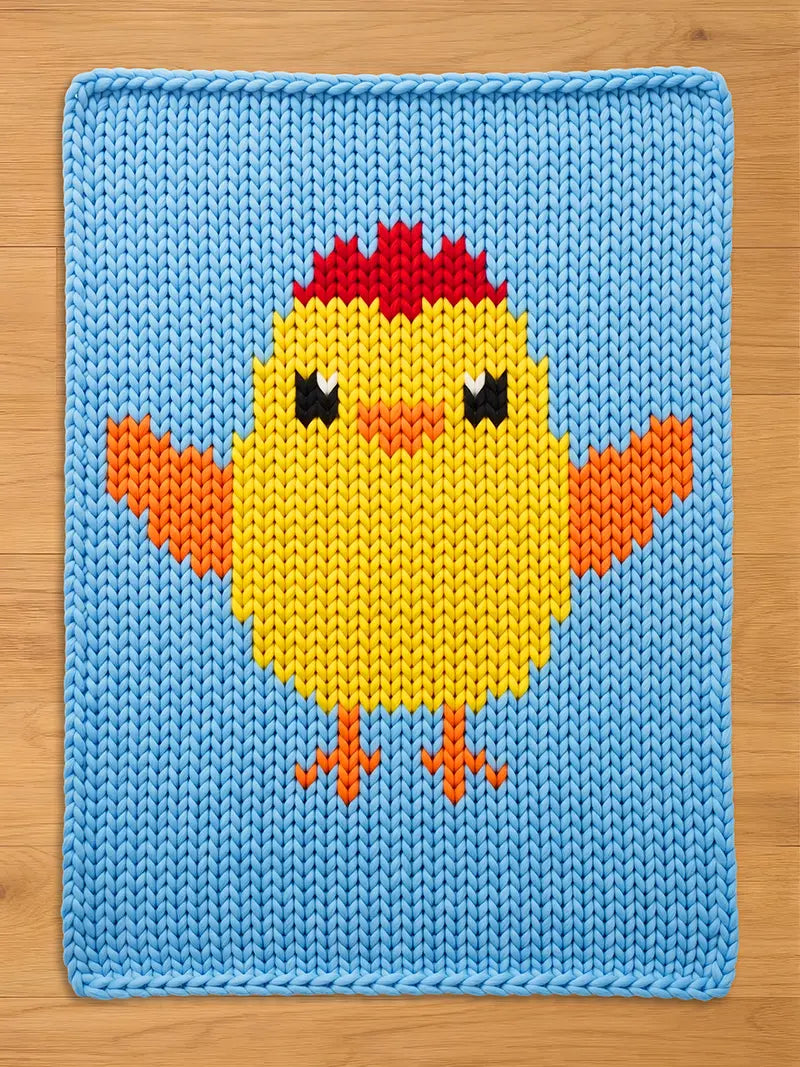 Handcrafted chunky knit blanket in light blue featuring a large, pixel-art style yellow baby chick pattern with orange wings, an orange beak, and a red comb, displayed on a wooden surface.